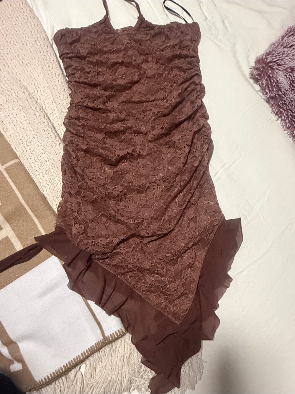 Fashion Nova Chocolate Brown Lace Asymmetrical Slip Skirt